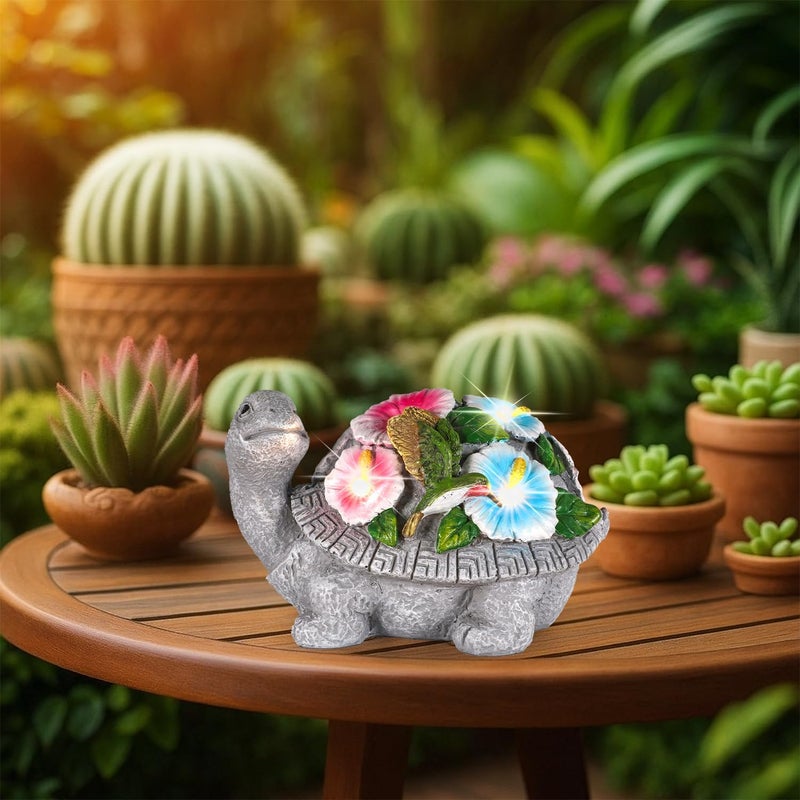 GoGnome Solar Turtle Figurine Lights with Hummingbird Flower 5.5-inch – Garden Statue for Outdoor Yard Decorations, Lawn Ornaments, Balcony Decor – Ideal Gift for All Occasions (Turtle) - Image 1